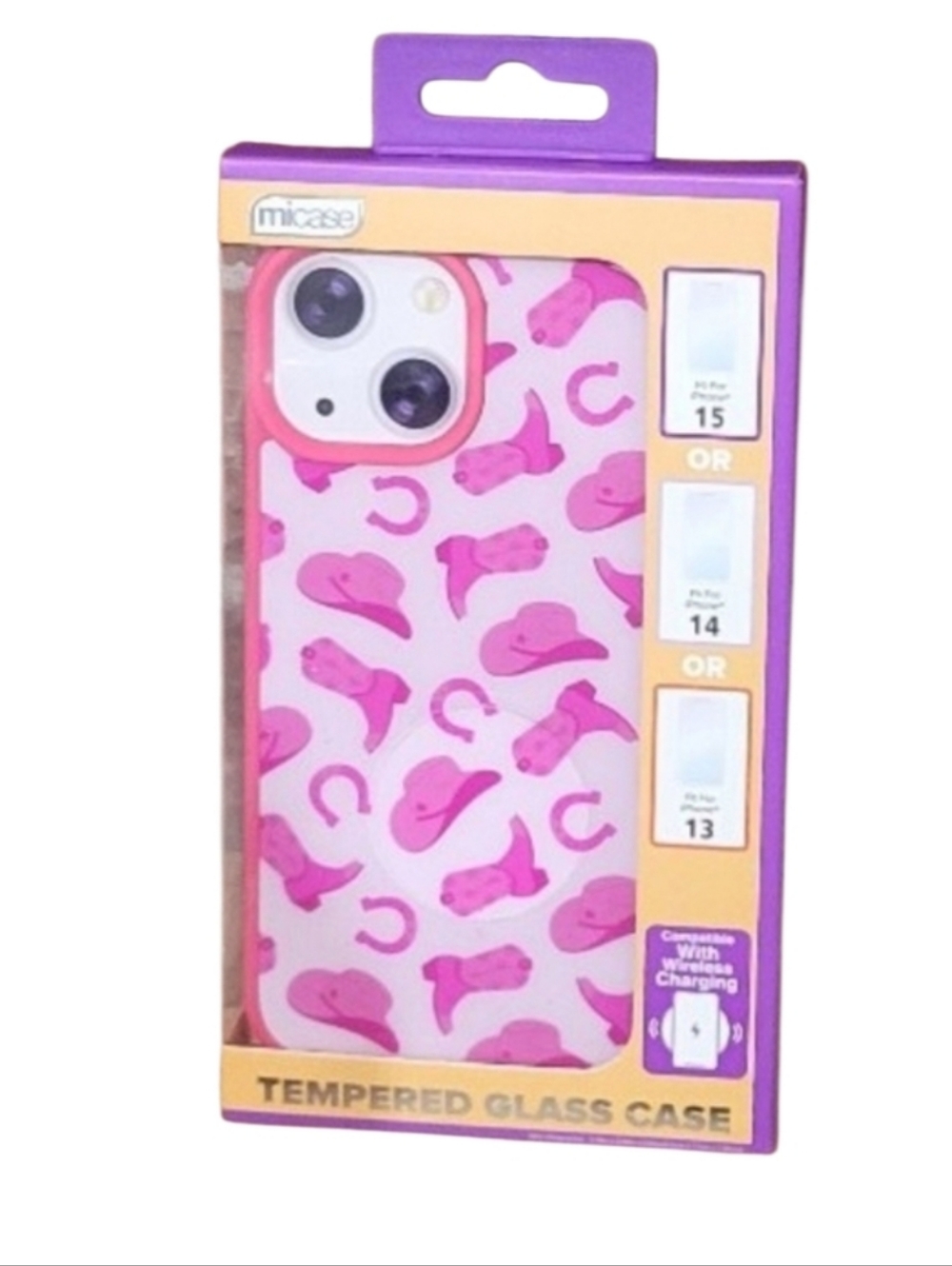 New Western Pink Cowboy Pattern Tempered Glass Phone Case for iPhone 15/14/13